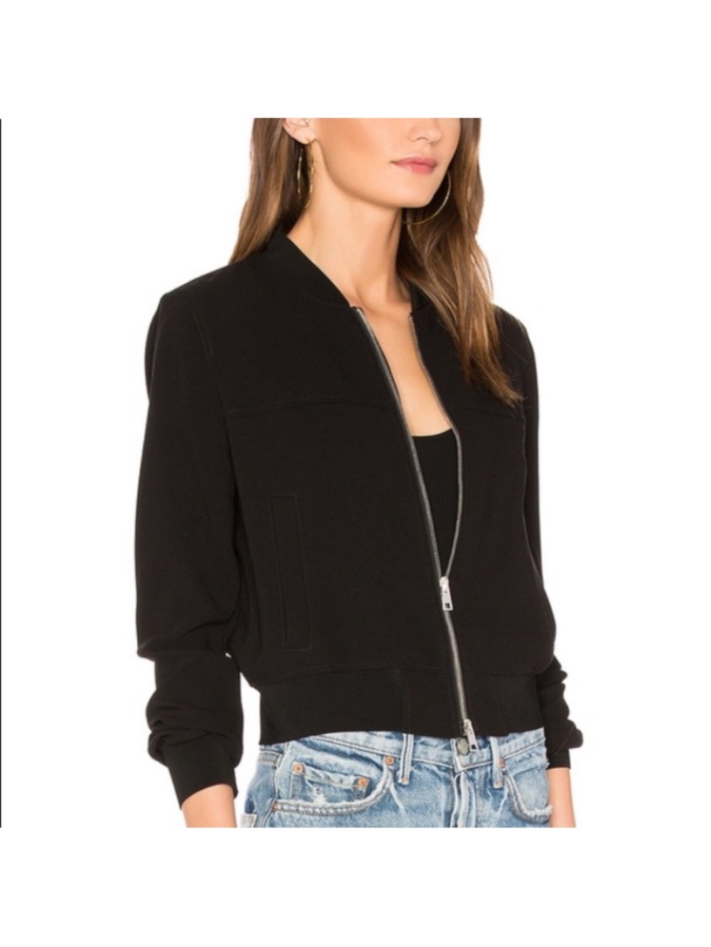 Theory Daryette Black Crepe Bomber Jacket Lightweight Double Silver Zipper Small
